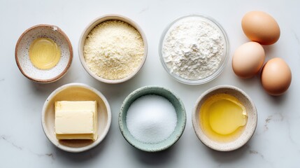 Baking Ingredients Flat Lay Featuring Flour, Eggs, Butter, Sugar, and Oil on a Bright Marble Background
