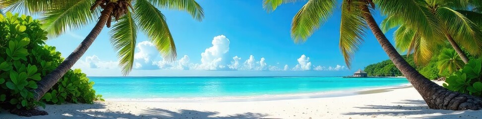 Idyllic Tropical Beach White Sand, Turquoise Waters, Swaying Palms, and Vibrant Green Foliage under a Clear Blue Sky. Perfect for Travel, Vacation, and Summer Marketing.