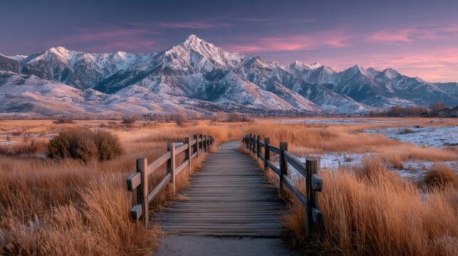Wooden boardwalk leading to snowy mountains at sunset in winter