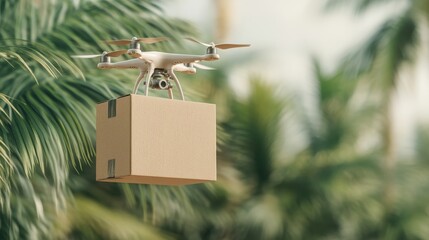 Drone flies holding cardboard box. Foliage blurs in background. High speed networks connect aerial vehicle for fast transfers. Future systems advance swiftly.