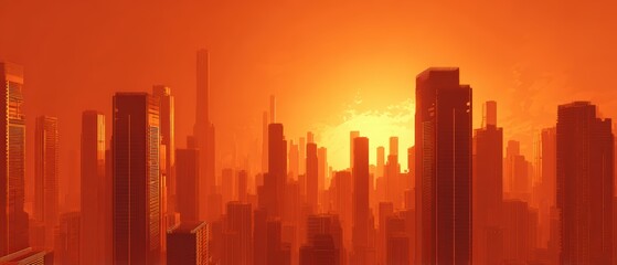 Vibrant orange cityscape silhouette du sunset with tall skyscrapers and a dramatic sky in a modern urban environment