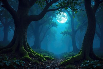 Serene Moonlight Illuminates Ancient Forest at Night A Mysterious and Magical Nature Scene Perfect for Fantasy, Mystery, or Nature Projects