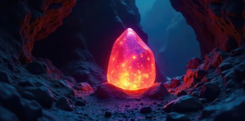 Glowing Stone Illuminates Dark Cave, Creating Enchanting Mystical Atmosphere; Perfect for Fantasy, Magic, and Esoteric Designs