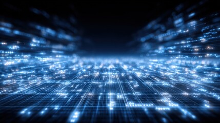 Futuristic Abstract Technology Background with Glowing Blue Lights, Digital Data Stream, and Network Communication