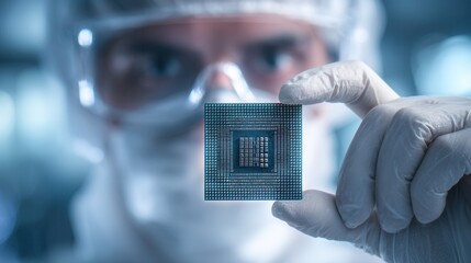 A person in cleanroom gear (goggles, gloves) holds a computer chip, with a blurred tech - lab background highlighting precision in electronics.