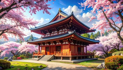 Fototapeta premium A serene Japanese temple pavilion, adorned with blossoming cherry trees, under a vibrant spring sky, showcases traditional architecture and natural beauty.