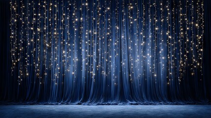 Magical blue velvet curtain backdrop with sparkling fairy lights and warm bokeh glow for event decor, stage background, party banner, wedding photo booth