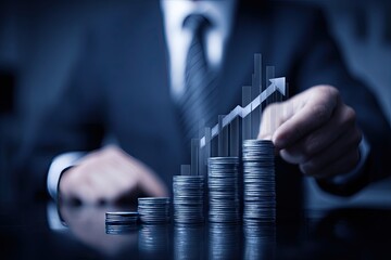 Businessman stacking coins, growing graph overlay
