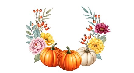 Watercolor autumn wreath with pumpkins, berries, and flowers, isolated on white background