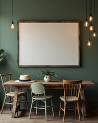 Cozy dining room interior with rustic wooden table chairs and large blank canvas on wall ready for artwork creation or design mockup