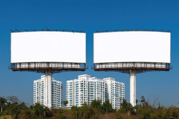 Two large blank billboards against a clear blue sky, with modern apartment buildings in the background