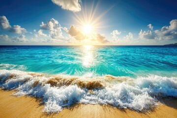 Vibrant sunset over turquoise ocean waves crashing on a sandy beach