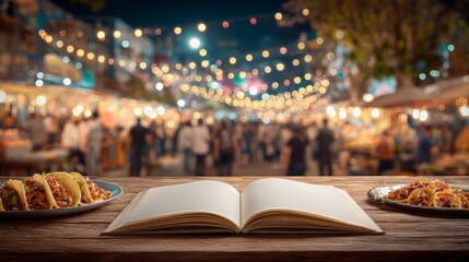 Open book on a wooden table with tacos and street food in the background at night, creating a vibrant and inviting atmosphere