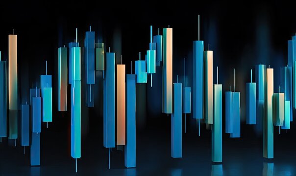 Abstract chart with colorful, 3D candlestick patterns on a dark background