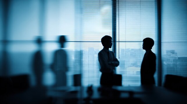 Business Executives Meeting in Modern Office Silhouettes Exchanging Ideas and Discussing Strategy for Success - Powered by Adobe