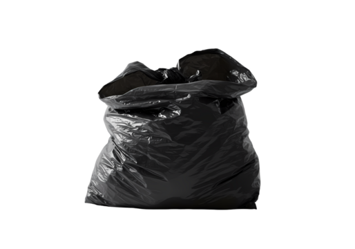 Closeup of a Black Plastic Garbage Bag Waste Disposal Concept isolated on transparent background