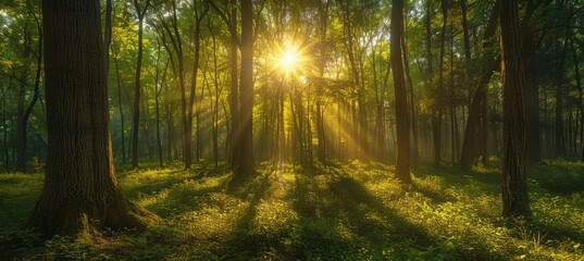 Obraz premium Sunlight filtering through a lush forest, illuminating the undergrowth and creating a serene atmosphere