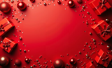 Flat lay composition of Christmas gift boxes, red color