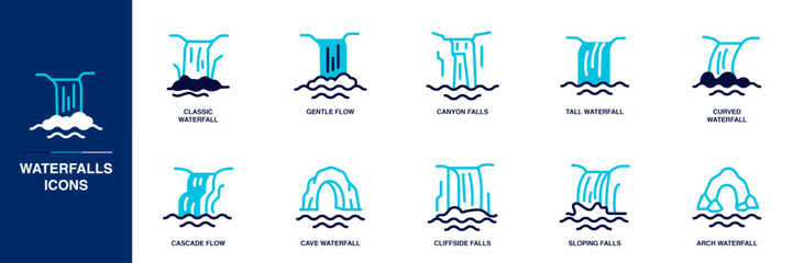 Waterfalls Blue Colored Outline Icon Set