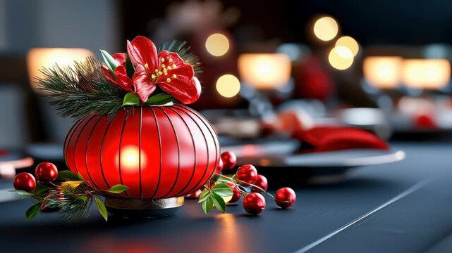 Red lantern floral candlelight festive holiday bokeh centerpiece pine berries cozy decor, evergreen glow and warm winter celebration ambiance