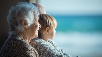 Three Generations Gazing at the Ocean: Family Bond, Elderly Woman, Grandchild, and Senior Man