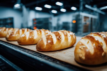 Freshly Baked Bread Loaves on a Conveyor Belt in a Commercial Bakery Setting, Ready for Distribution