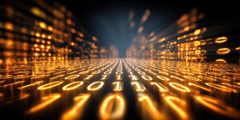 Binary Code Stream: Golden Digital Data Flowing Through Technological Matrix, Data Transmission