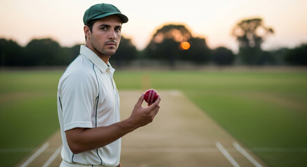 A cricket player in a white uniform holds a red ball, focused gaze, outdoor setting.
