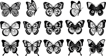 Collection of fifteen detailed butterfly silhouettes various poses and wing patterns naturalistic insect art