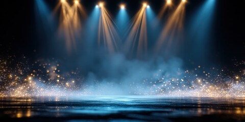 Fototapeta premium Illuminated Stage with Spotlights and Smoke, Perfect for Concerts, Performances, and Dramatic Presentations