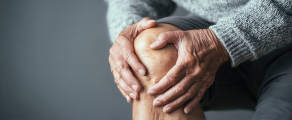 Fototapeta premium Close - up of an elderly person's hands holding their knee, likely indicating knee pain or discomfort, against a gray background.