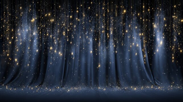 Magical blue velvet curtain backdrop with sparkling fairy lights and warm bokeh glow for event decor, stage background, party banner, wedding photo booth
