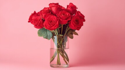 Elegant Bouquet of Red Roses in Glass Vase Against a Pink Background, Symbolizing Love and Romance