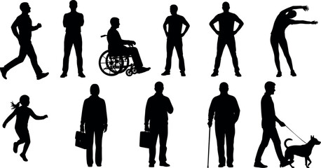 Collection of diverse human silhouettes in various poses representing activity and lifestyle in a clear graphic format
