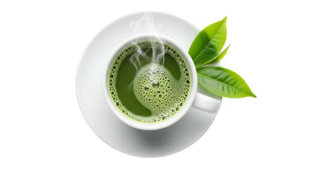 Hot green tea with fresh leaves isolated on a transparent background
