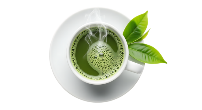 Hot green tea with fresh leaves isolated on a transparent background
