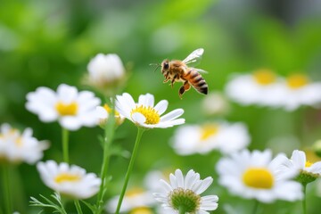 Obraz premium Honeybee Pollinating Daisies in a Meadow, Capturing the Essence of Springtime in a Serene and Natural Setting