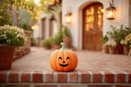 Smiling jack o lantern pumpkin on brick porch with autumn lights