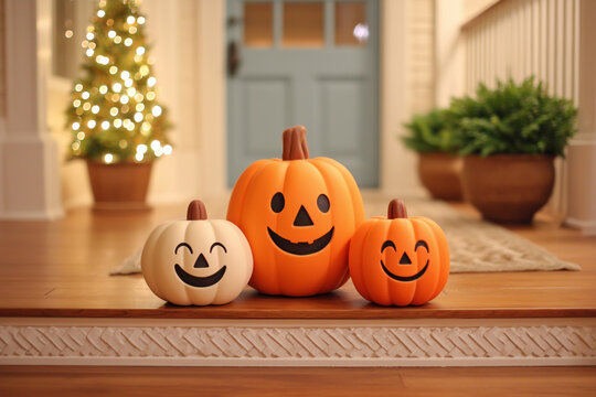 Three smiling jack o lantern pumpkins on porch with autumn decor
