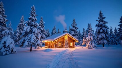 Enchanting Winter Cabin in Snowy Forest at Twilight - Powered by Adobe