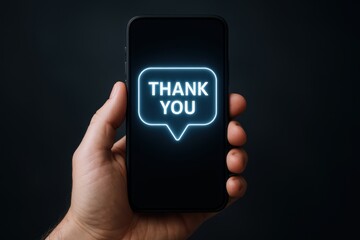 Hand Holding Smartphone Displaying a 'Thank You' Message in a Neon Style Speech Bubble