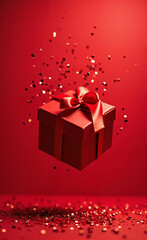 Christmas gift box floats in a glitter and confetti, red colors