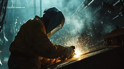 A male welder, welds a complex structure in a factory, a specialist welder welds metal in a factory.