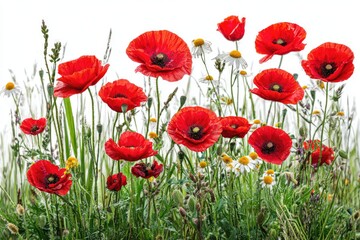 Obraz premium Red poppies and wildflowers in a grassy meadow