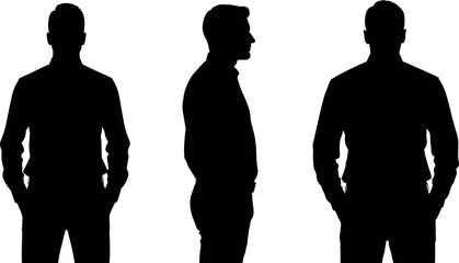 Three silhouette views of a man standing front side and back profile casual attire