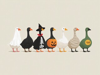 Minimalist cartoon illustration of seven geese in a row each dressed in different halloween costumes in flat vector style on an off white background