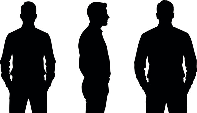 Three silhouette views of a man standing front side and back profile casual attire