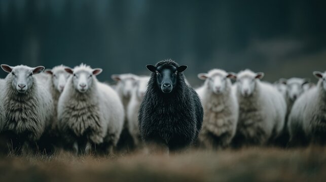 Unique Black Sheep Standing Out in a Crowd of White Sheep in a Field