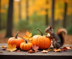 Pumpkins and autumn leaves on a wooden table, with a squirrel and a forest in the background, warm colors, fall season
