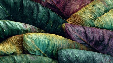 Close-up view of overlapping leaves in various shades of green, purple, and gold.